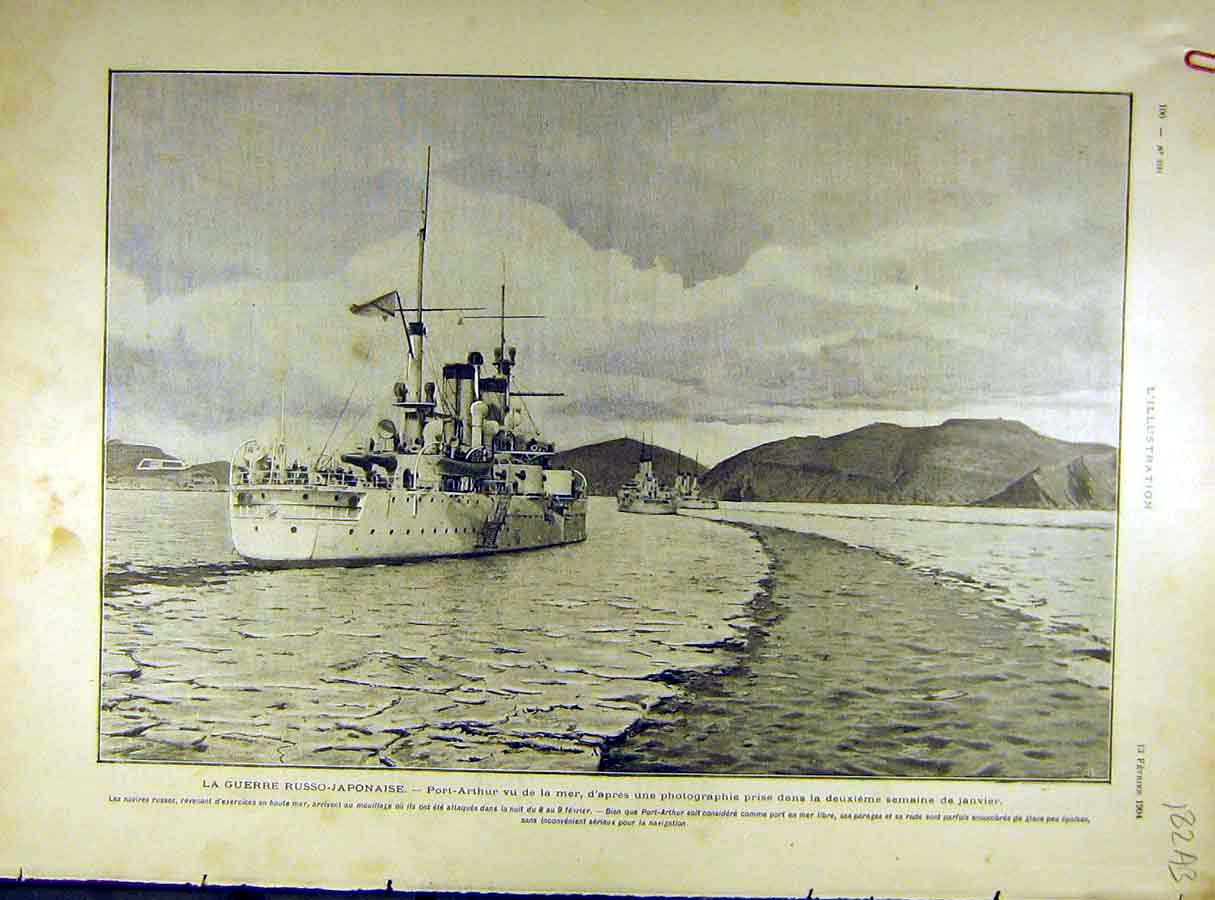 Original Old Antique Print 1904 Russian-Japanese War Port-Arthur Navy Fleet