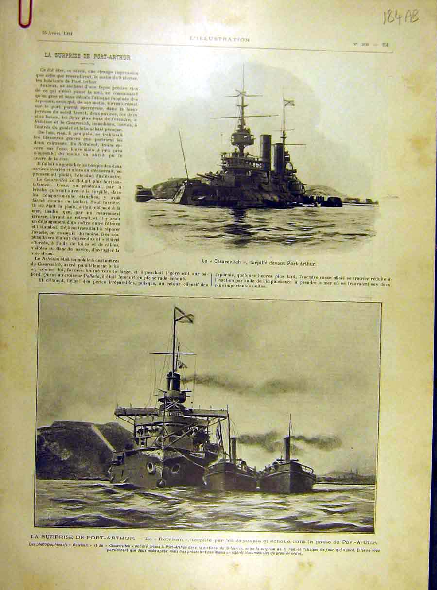 Original Old Antique Print 1904 Port-Arthur Torpedo Ship Retvisan Makharcyrille