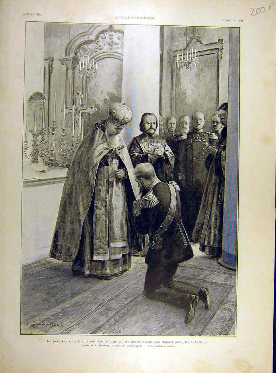 Original Old Antique Print 1904 Father-Jean Cronstadt MakharPort-Arthur 20th