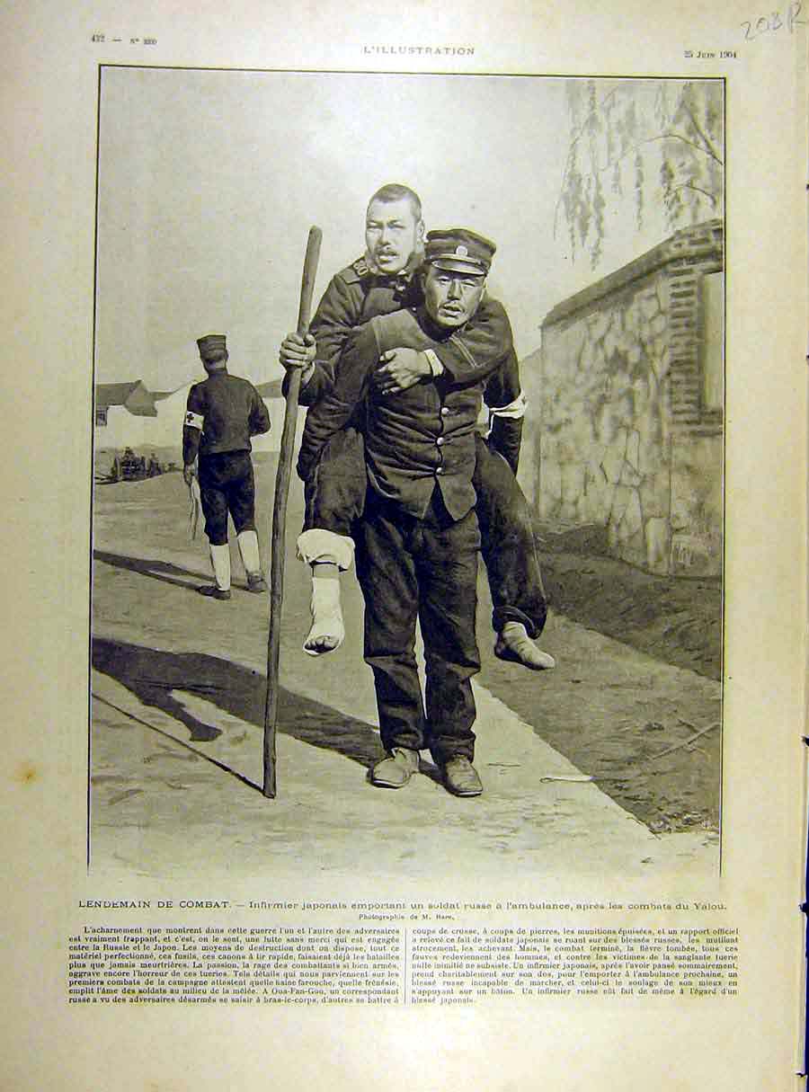 Original Old Antique Print 1904 War Lendemain Japanese Sier Yalou Ambulance