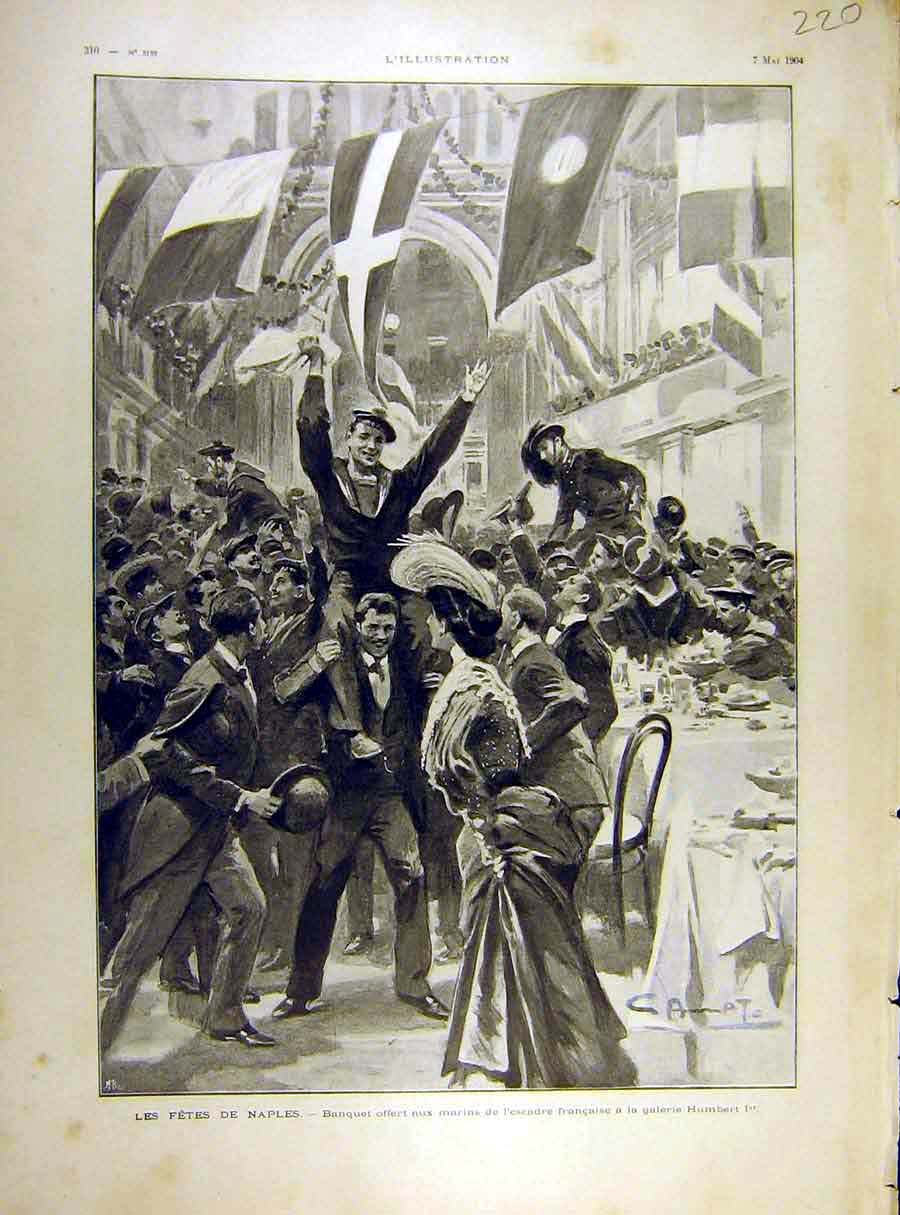 Old Antique Print 1904 Fete Naples Banquet Marine French Squadron Humbert 20th