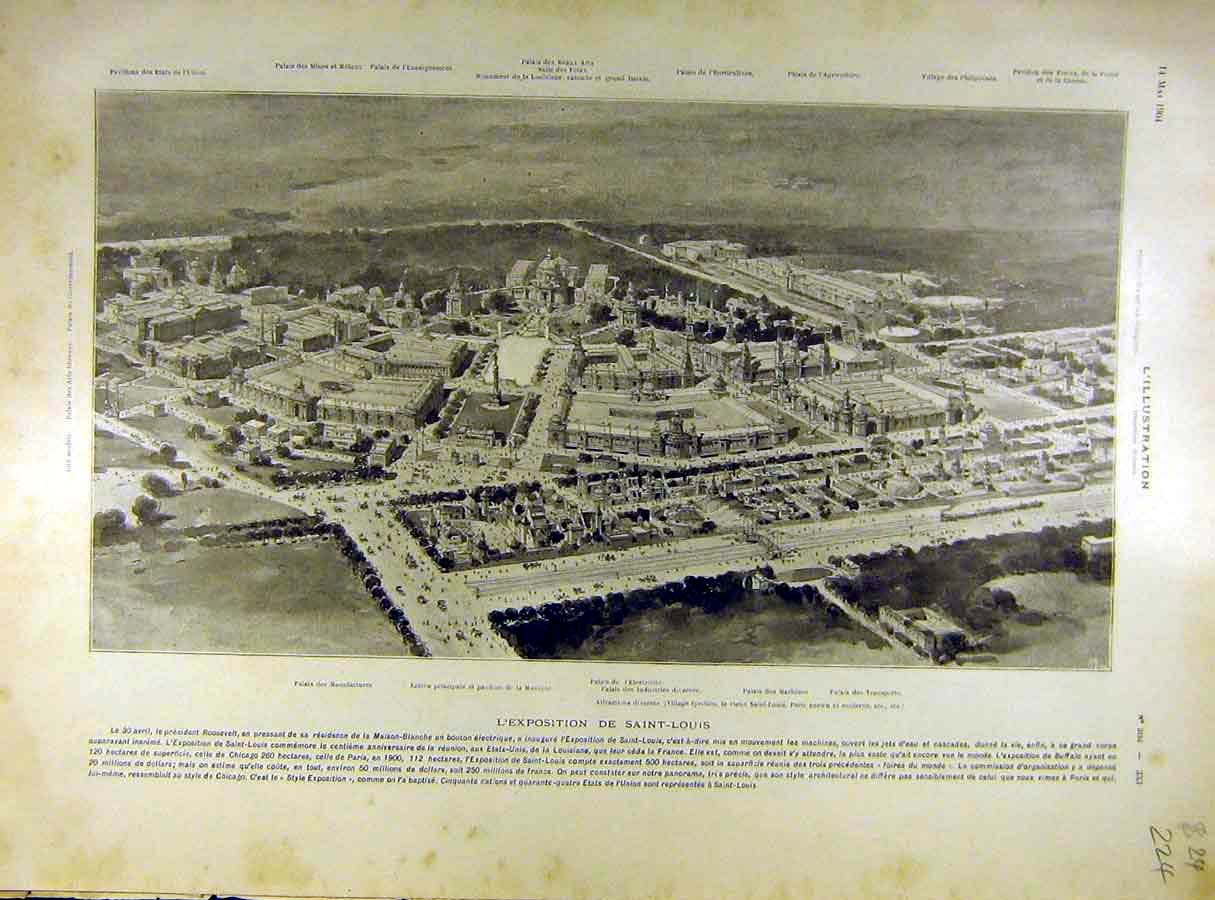 Old Antique Print 1904 Exhibition Saint-Louis View Palace Industrial Page 20th