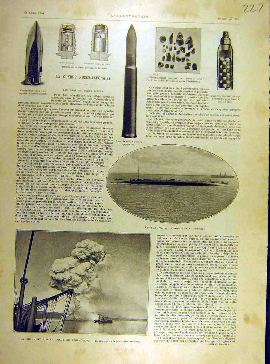 Original Old Antique Print 1904 Russian-Japanese War Bullets Weapons Tchemoulpo