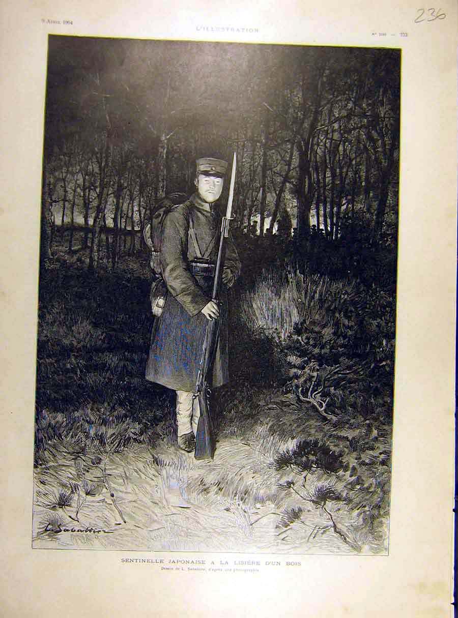 Original Old Antique Print 1904 Sentinel Japanese Woods Guard Forest French 20th