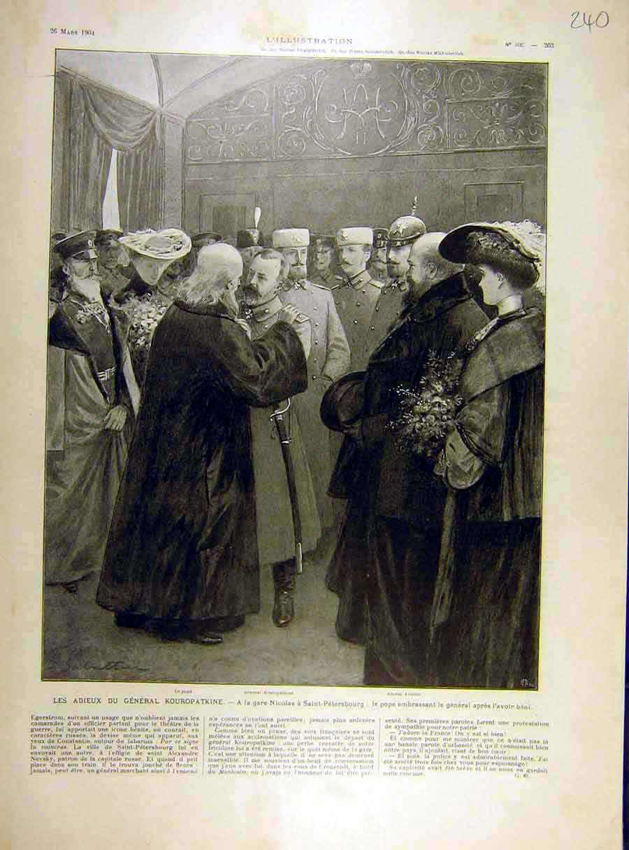 Original Old Antique Print 1904 Kouropatkine Pope Saint-Petersburg Station Page