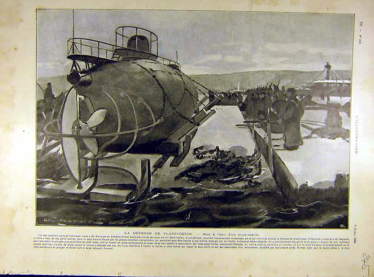 Original Old Antique Print 1904 Vladivostok Sub-Marine Naval French War 20th