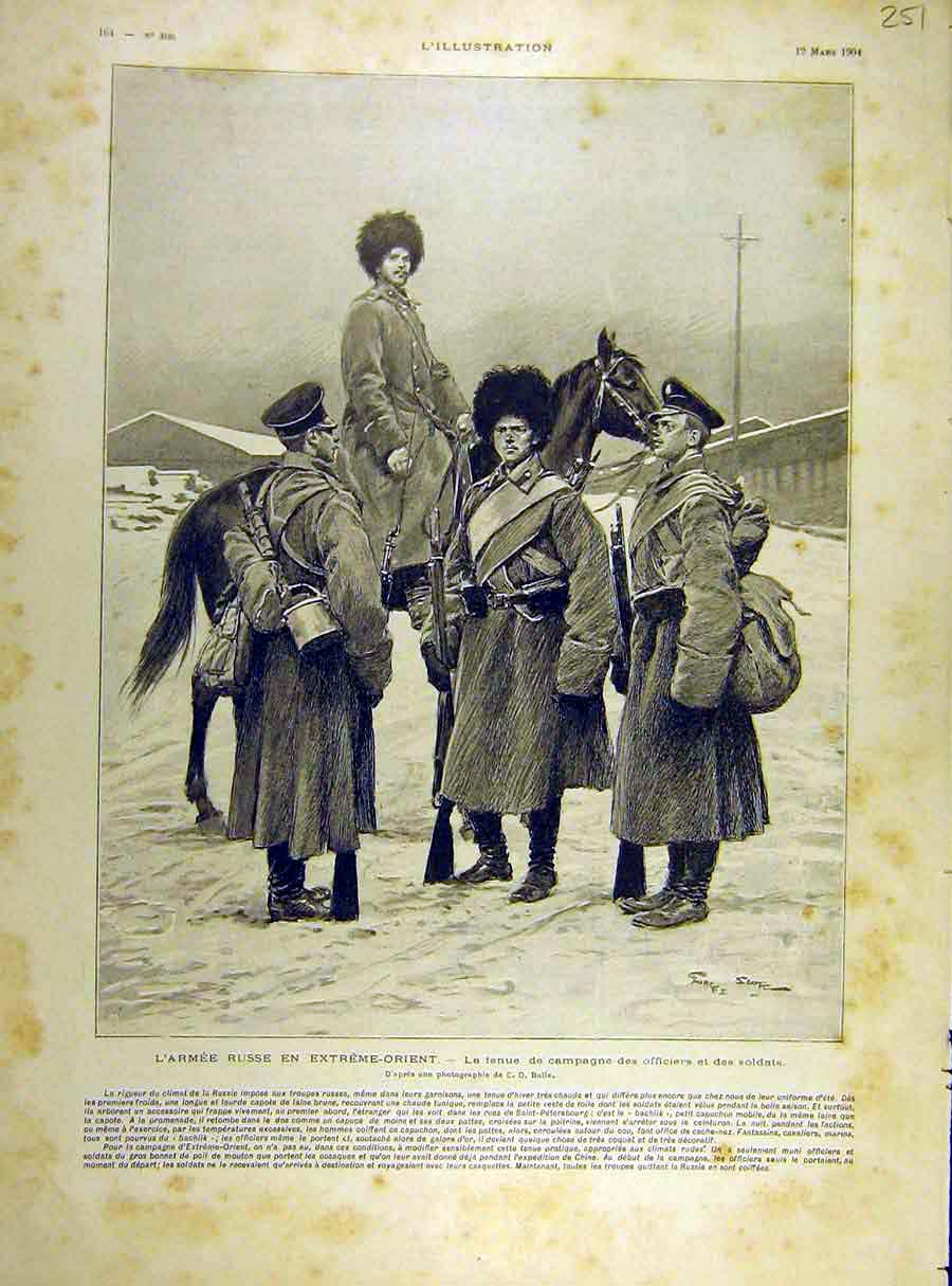 Original Old Antique Print 1904 Russian Army Far-East Officers Siers War 20th