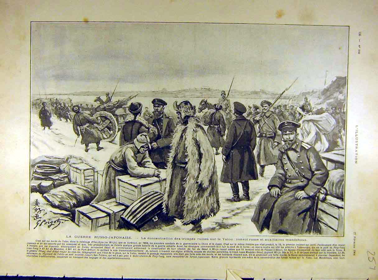 Original Old Antique Print 1904 Russian-Japanese War Troops Yalou Mandchous 20th