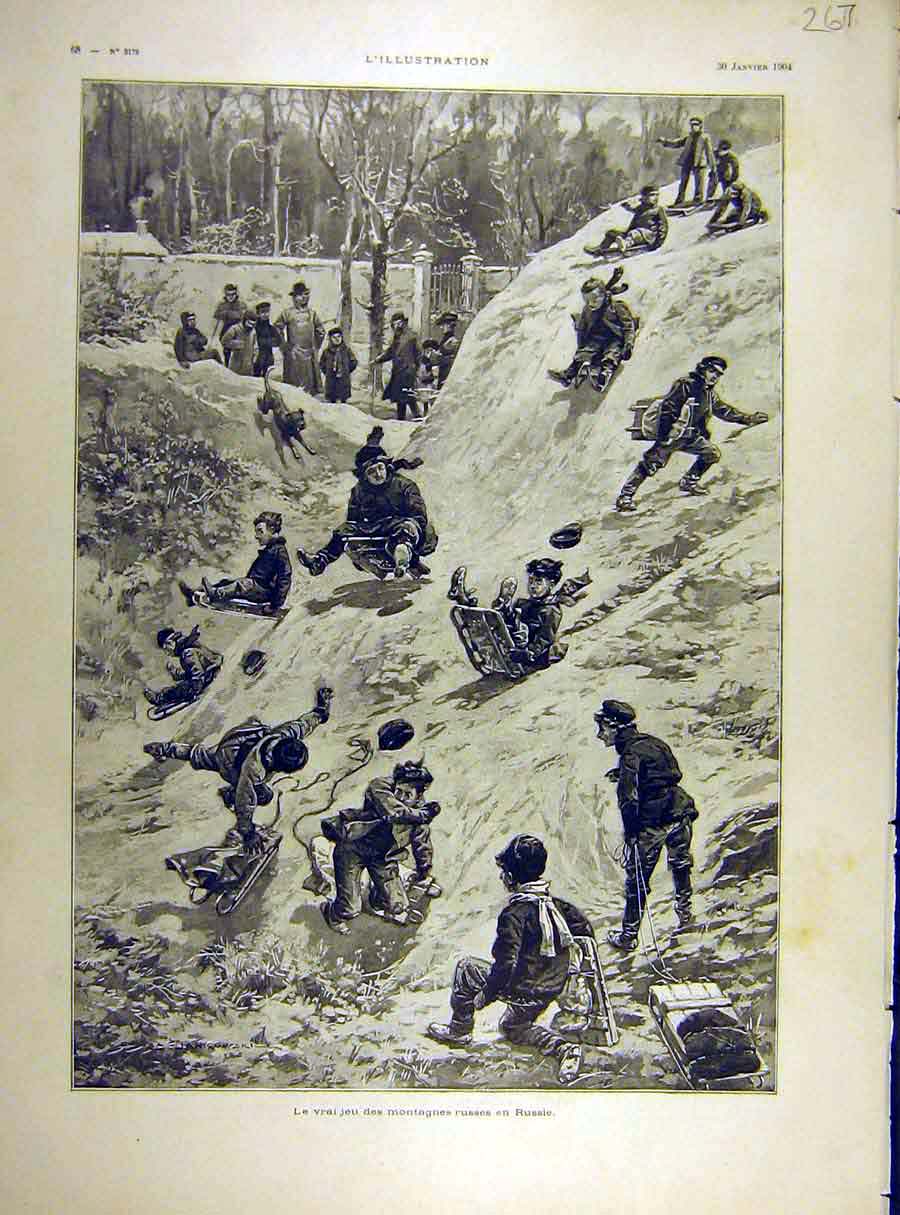Original Old Antique Print 1904 Russian Mountains Sledges Sledging Children 20th