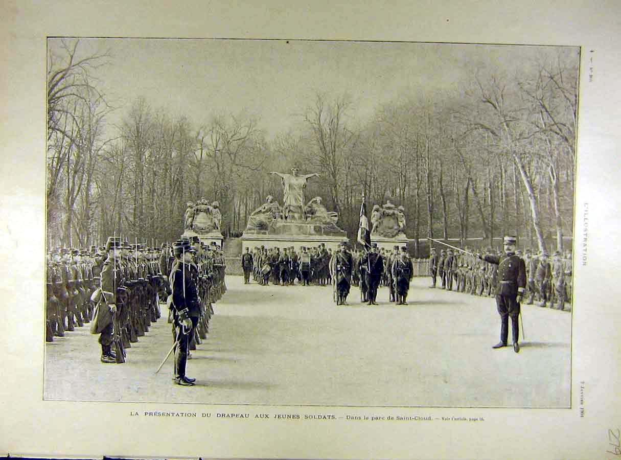 Original Old Antique Print 1904 Flag Young-Siers Saint-Cloud Parade Military