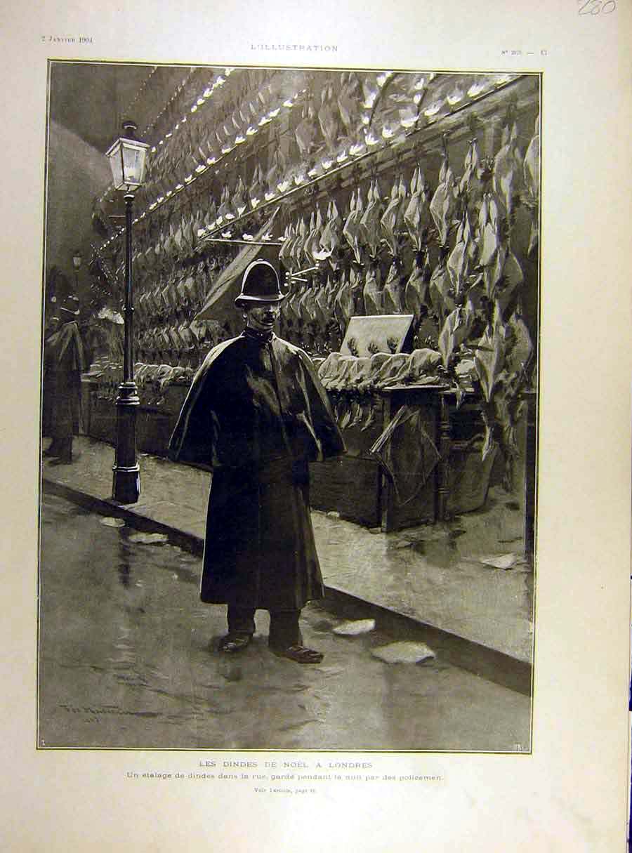 Original Old Antique Print 1904 Christmas-Eve London England Street Policeman