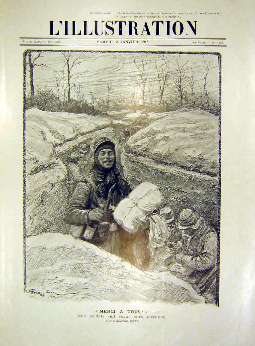 Original Old Antique Print Sketch Merci A Tous Troops Trench Snow French 1915