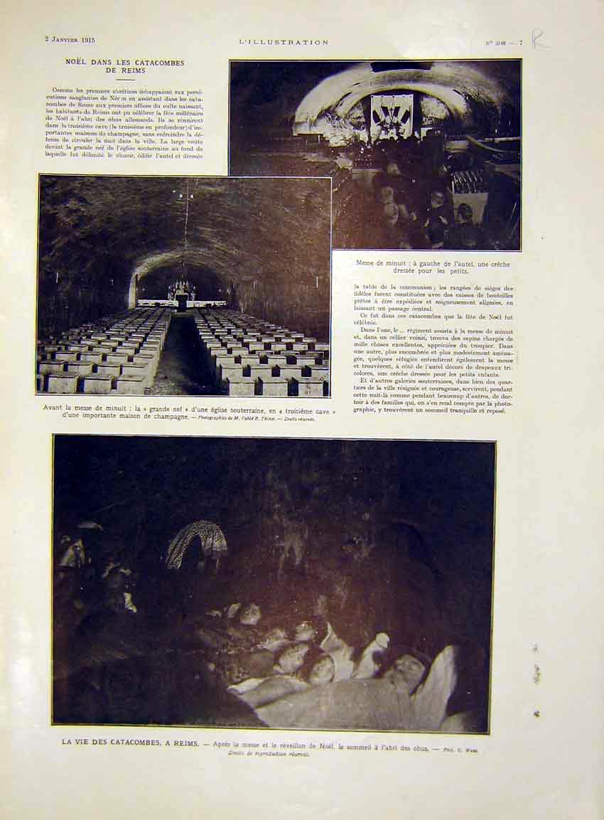 Original Old Antique Print Catacombes Reims France Yser Nieuport French 1915