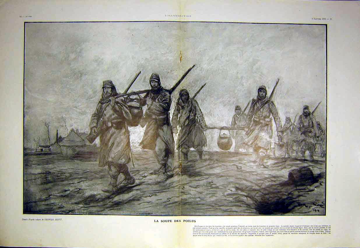 Original Old Antique Print Soup Food Troops War Siers Scott French 1915 20th