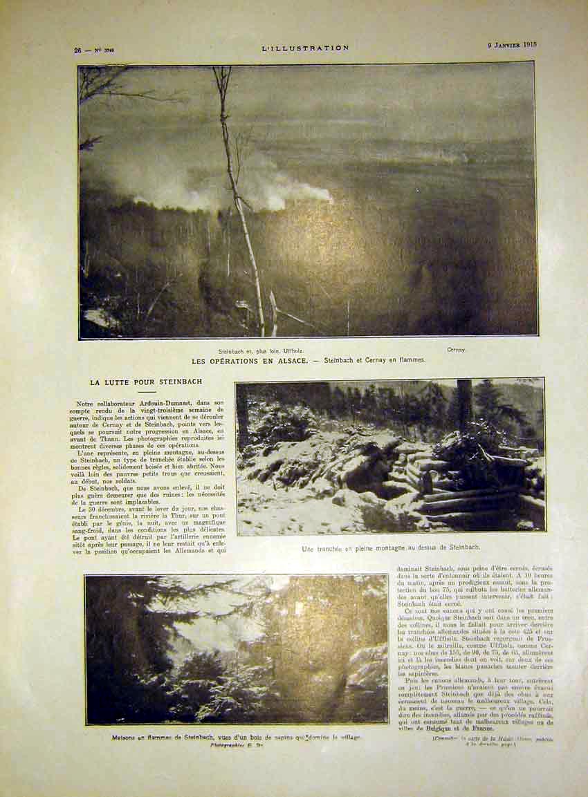 Original Old Antique Print Troops Train Trench Hide Alsace Steinbach French 1915