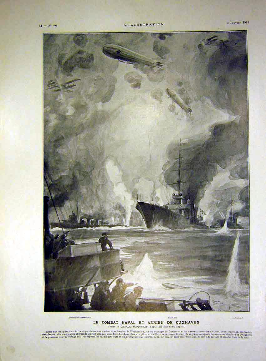 Old Antique Print Naval Ship Battle English Channel Cuxhaven French 1915 20th