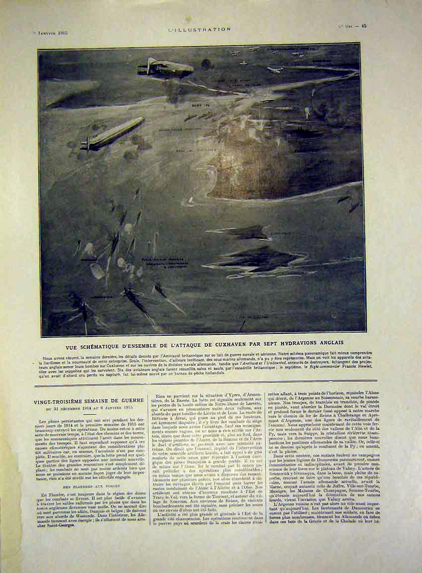 Original Old Antique Print Sketch Map Aeroplane English Channel Balloon 1915