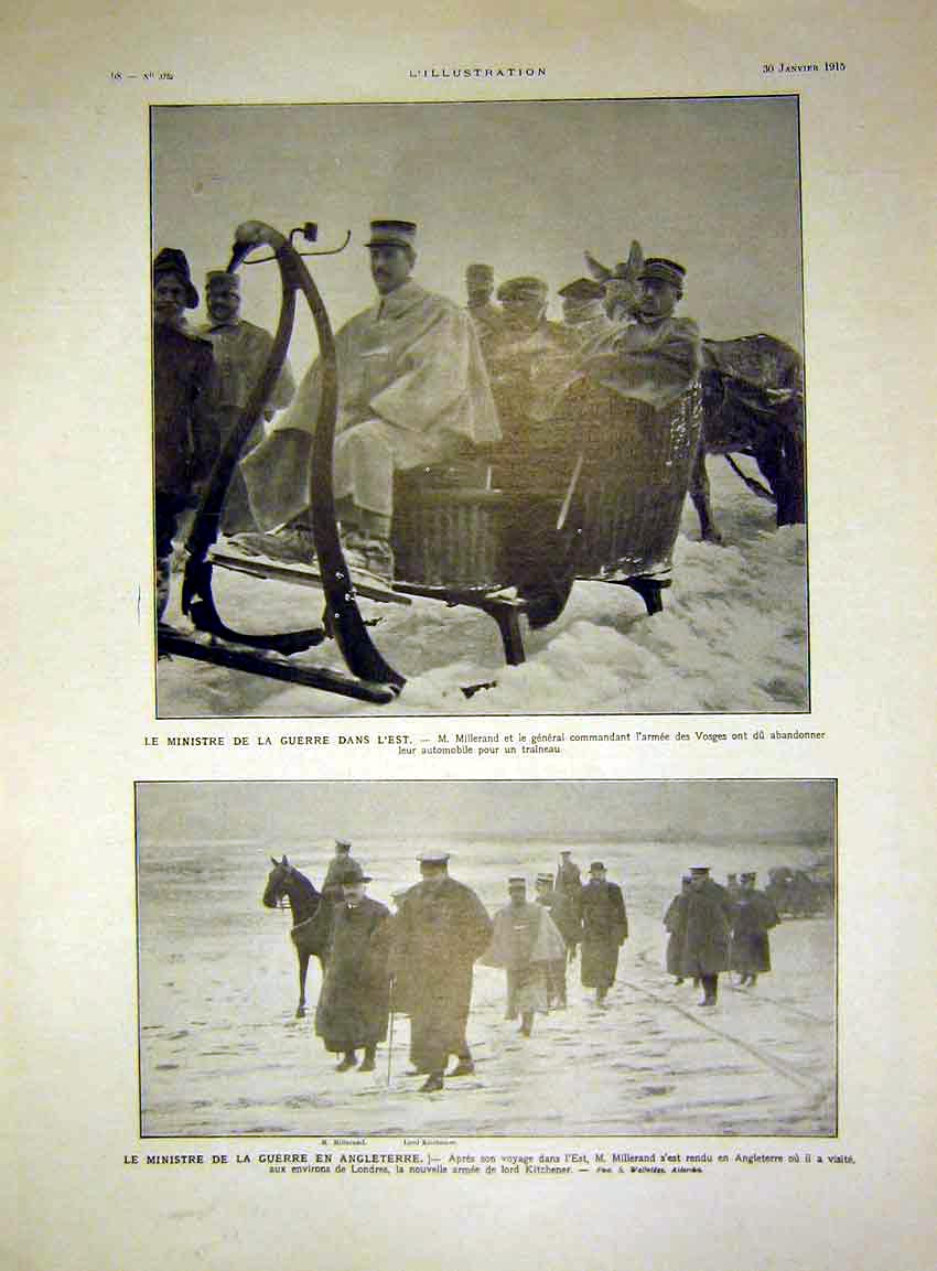 Original Old Antique Print Minister Millerand Automobile Snow Kitchener 1915