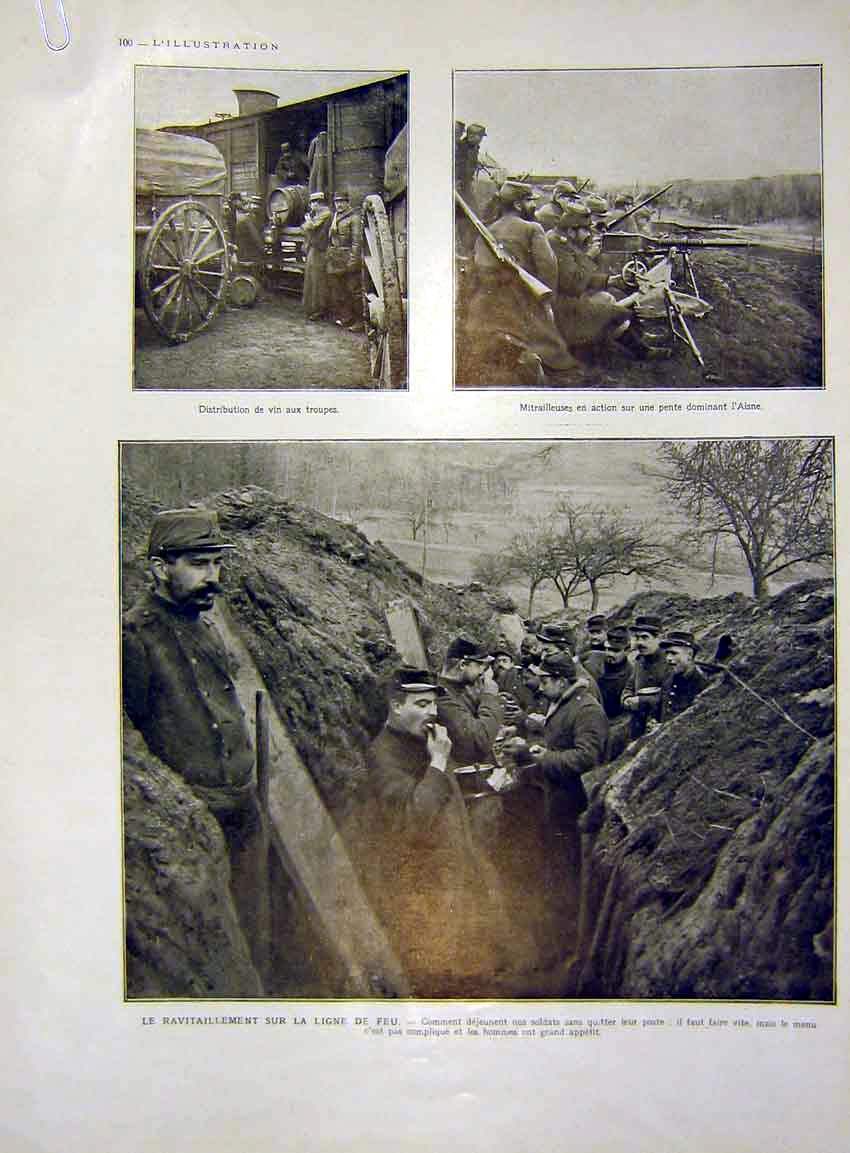 Original Old Antique Print Military Trenches Aisne Siers Food French 1915 20th