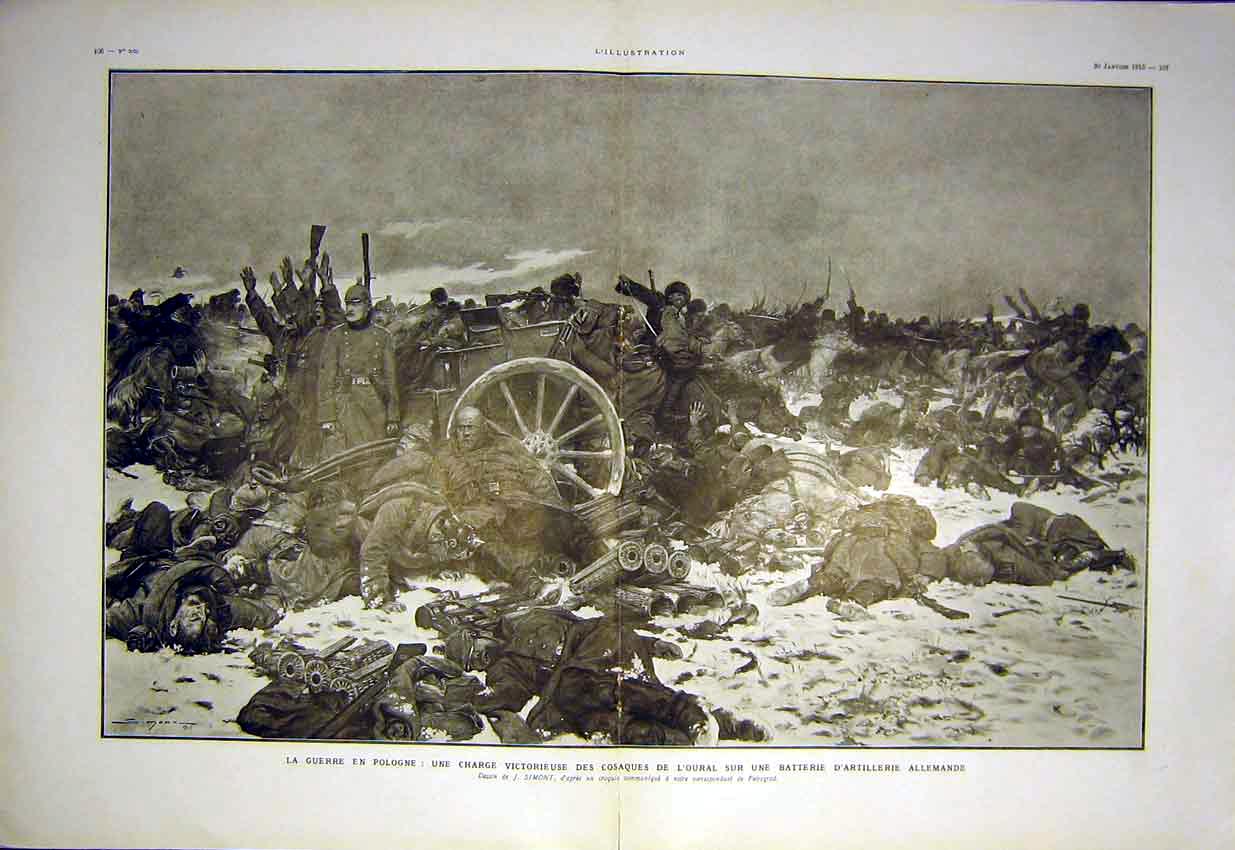 Original Old Antique Print War Cossacks Artillery German Battery French 1915