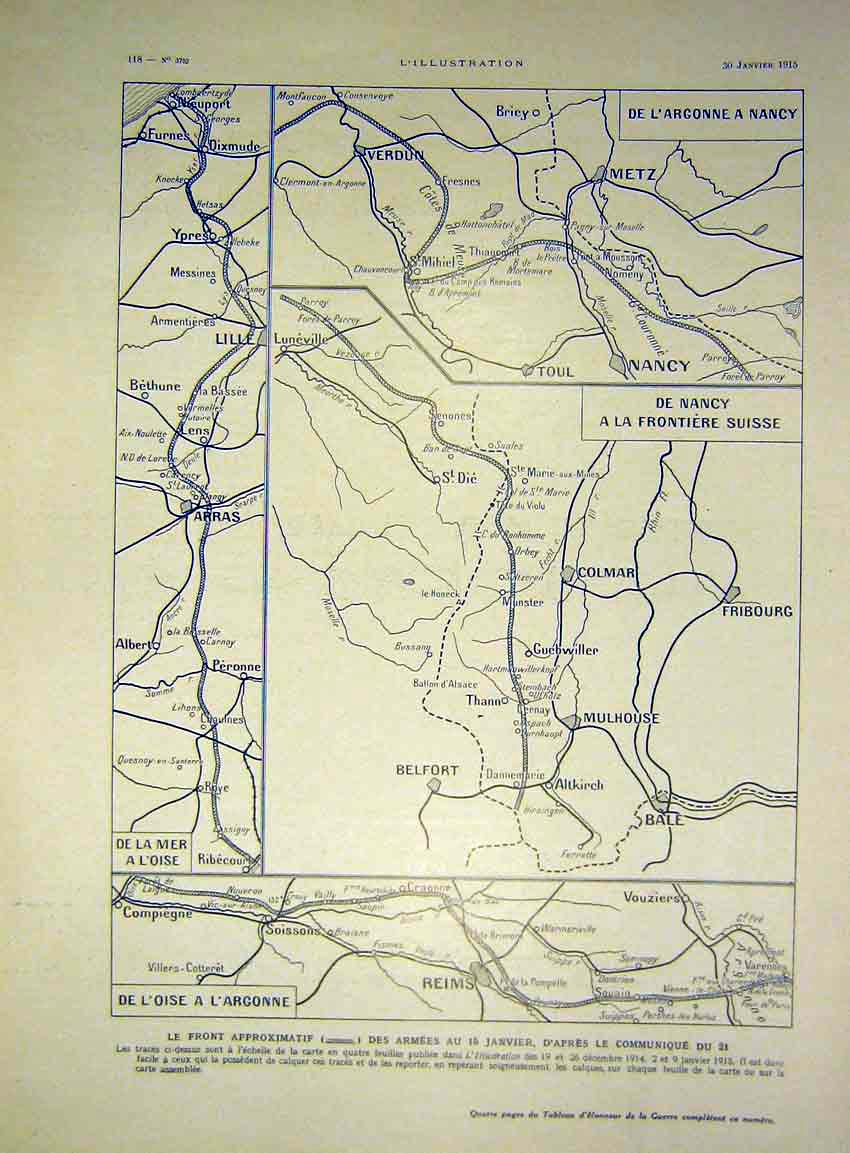 Old Antique Print Map Suisse Frontier Belfort Mulhouse Colmar French 1915 20th