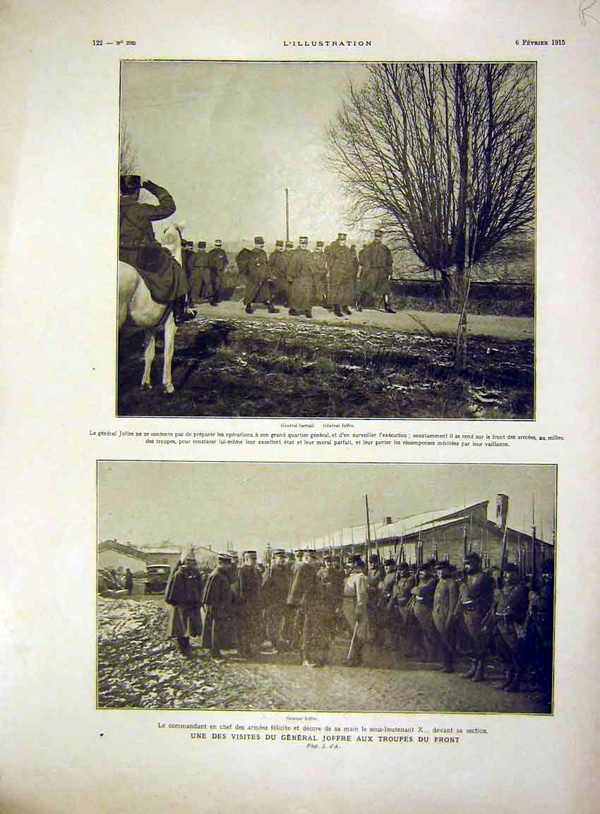 Original Old Antique Print General Sarrail Joffre Troops War French 1915 20th