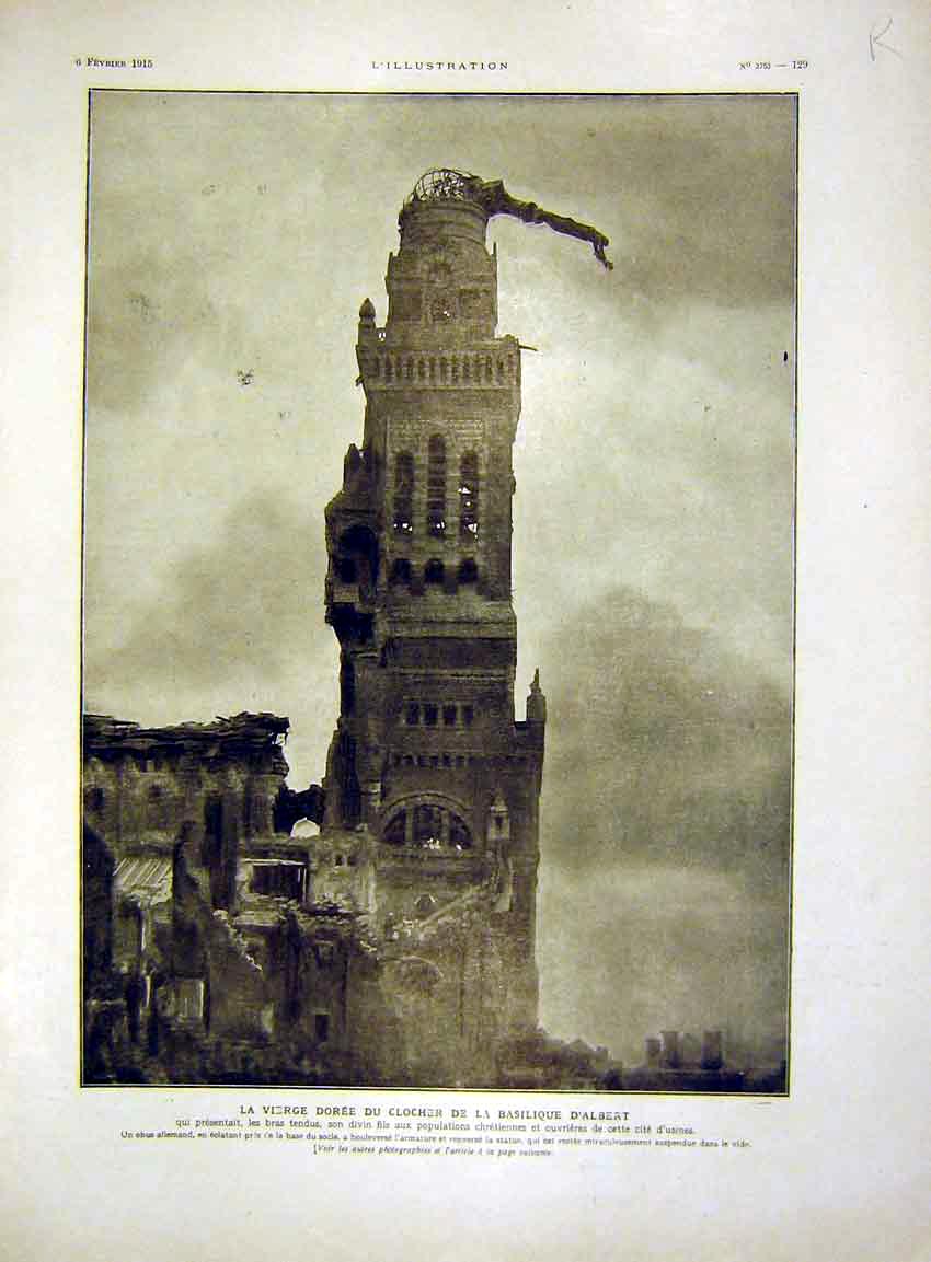 Original Old Antique Print Albert Statue Tower Notre-Dame Brebieres French 1915
