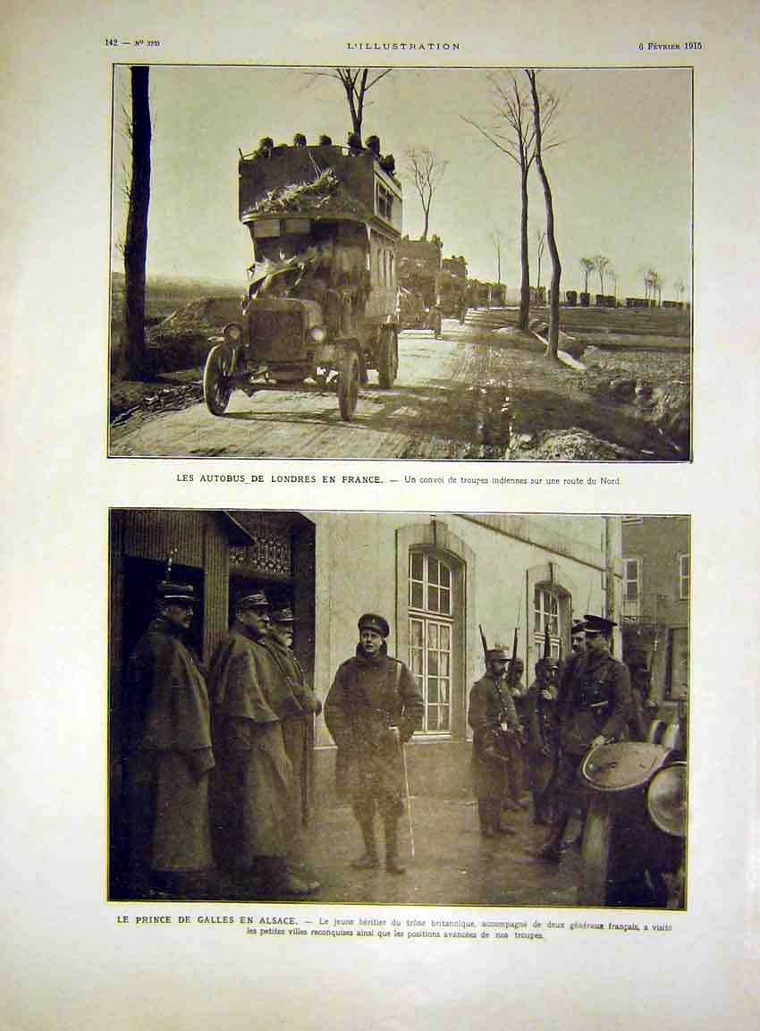 Original Old Antique Print Prince De Galles Alsace Troops Autobus French 1915