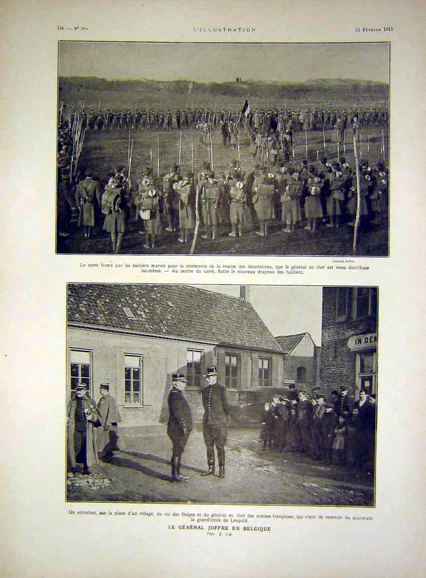 Original Old Antique Print General Joffre Belgian War LeopTroops French 1915