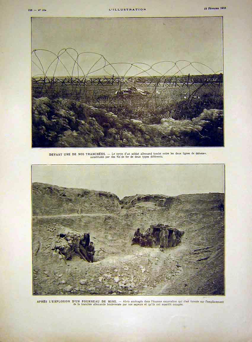 Original Old Antique Print Trench War German Explosion Crator French 1915 20th