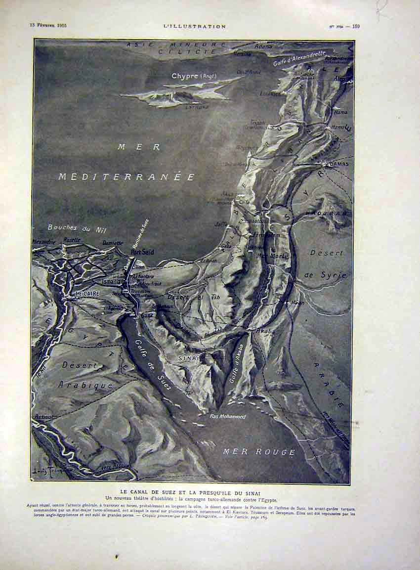 Original Old Antique Print Map Suez Canal Egypt Sier Troops French 1915 20th