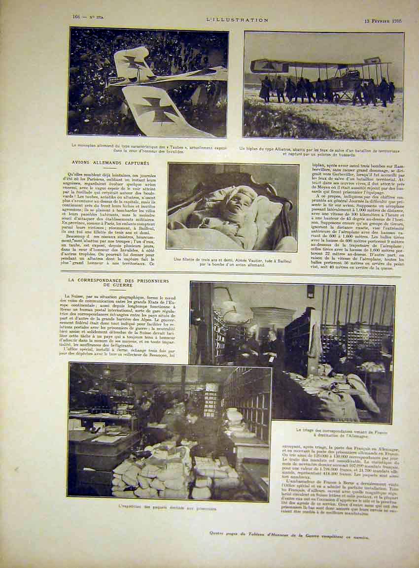 Original Old Antique Print German Aeroplane Albatros Tauben French 1915 20th