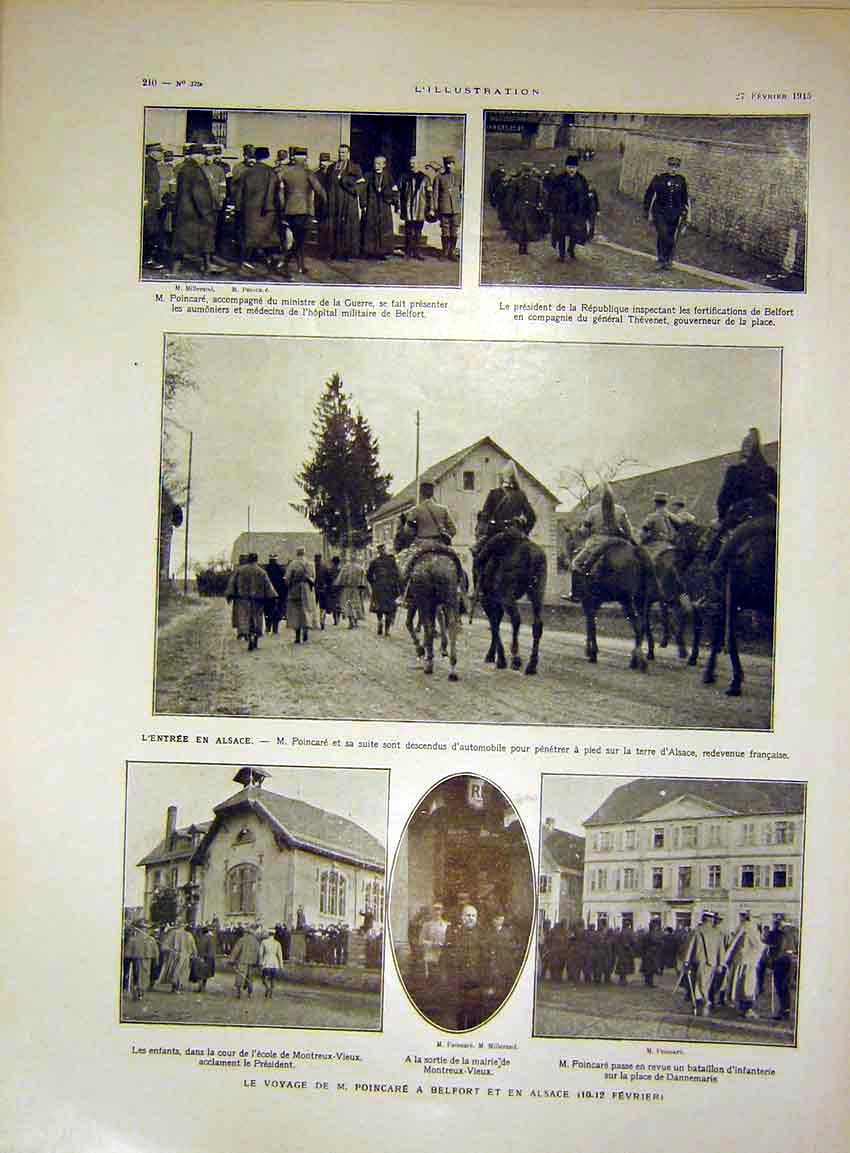 Original Old Antique Print Alsace Millerand Poincare Belfort French 1915 20th