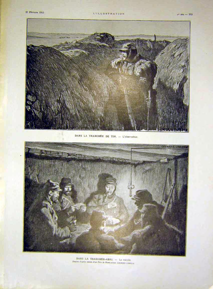 Original Old Antique Print Trench Troops Observer War Abri Games French 1915