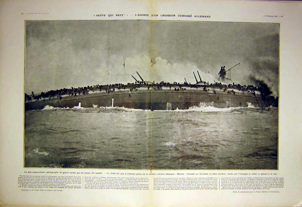 Old Antique Print Germany Blucher Ship Sea War Military Navy French 1915 20th