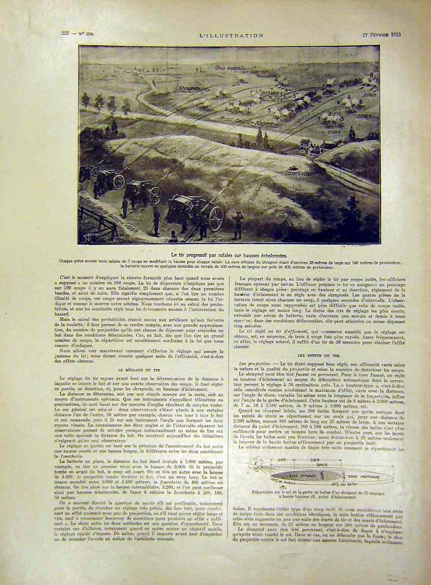 Original Old Antique Print Canon Battle Sketch Shrapnel War French 1915 20th