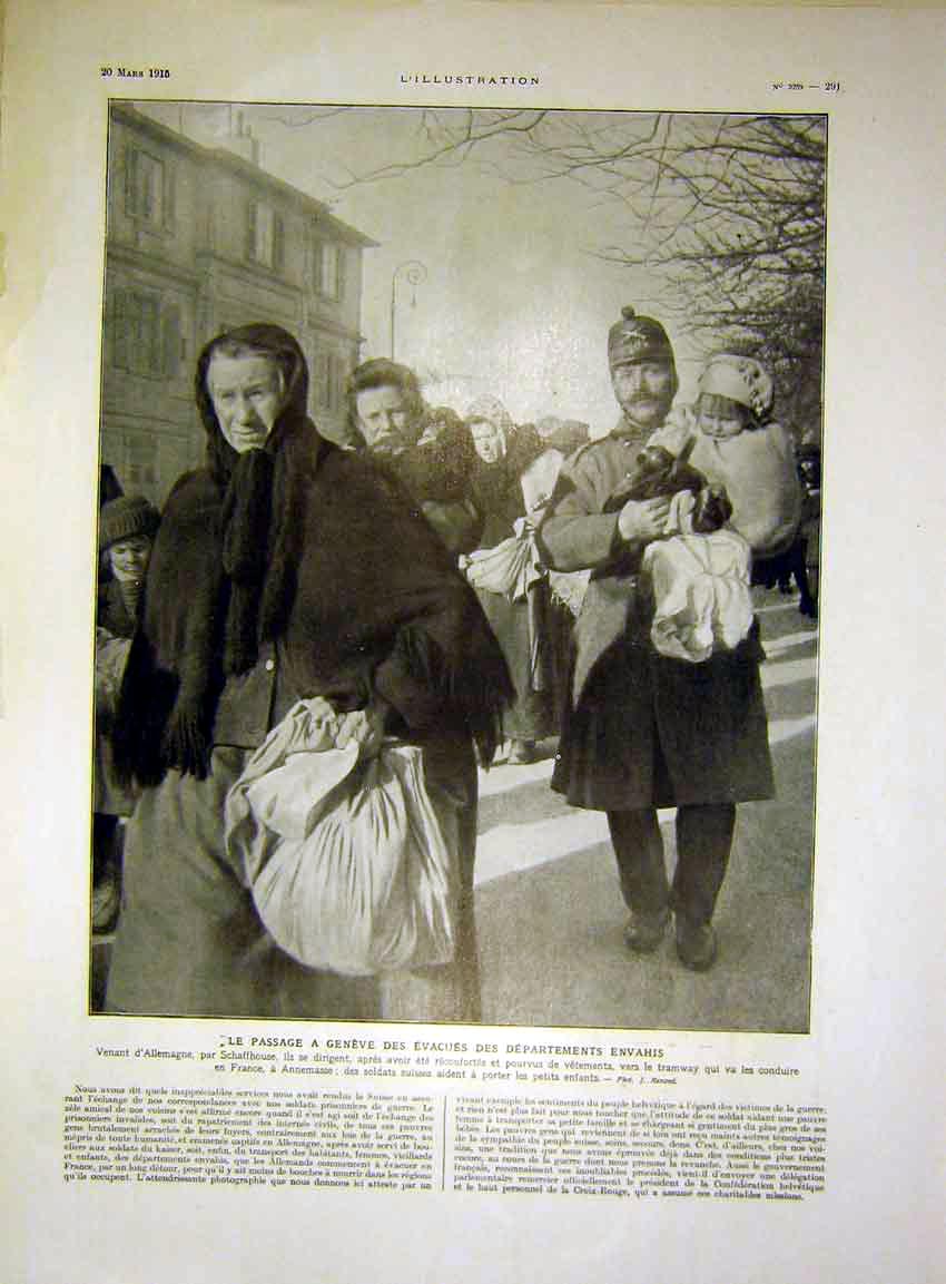 Original Old Antique Print Geneva German Evacuees War Swiss French 1915 20th