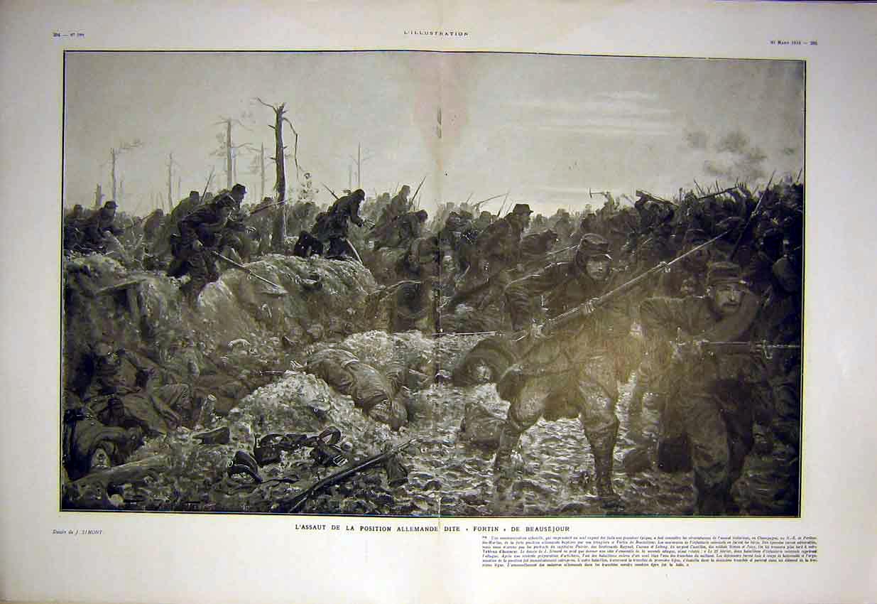 Original Old Antique Print German Fortin Battle War Troops Siers French 1915