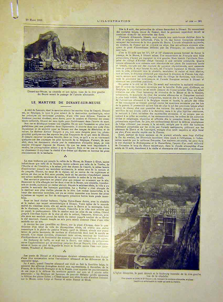Original Old Antique Print German Dinant-Sur-Meuse War Ruins French 1915 20th