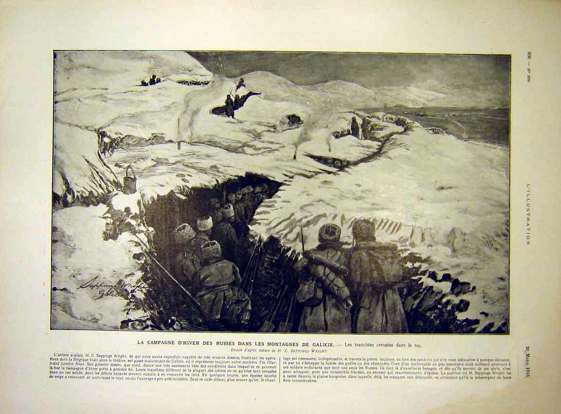 Original Old Antique Print Trench Troops Mountain Winter Galicie French 1915