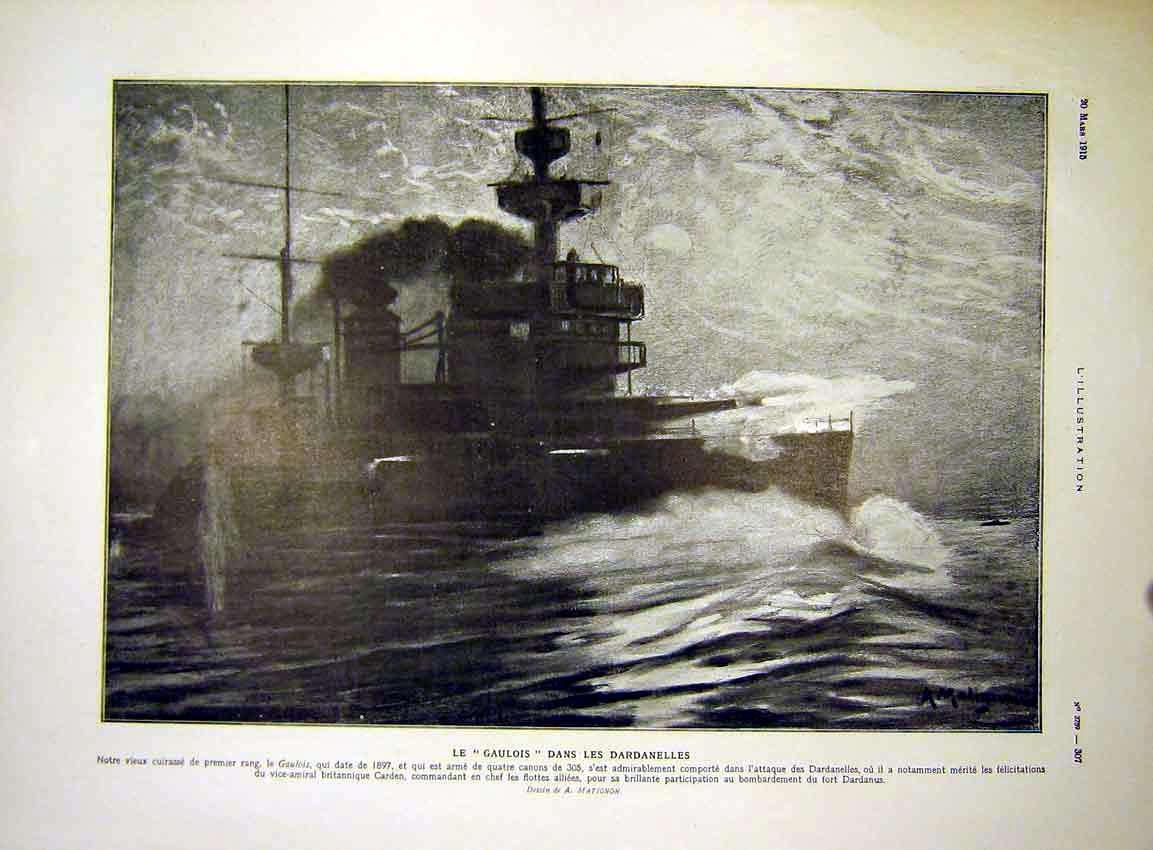 Original Old Antique Print Gaulois Dardanelles Battleship Cardin French 1915