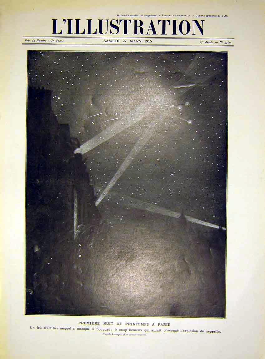 Original Old Antique Print Spring Paris Raids Zeppelin War Night French 1915