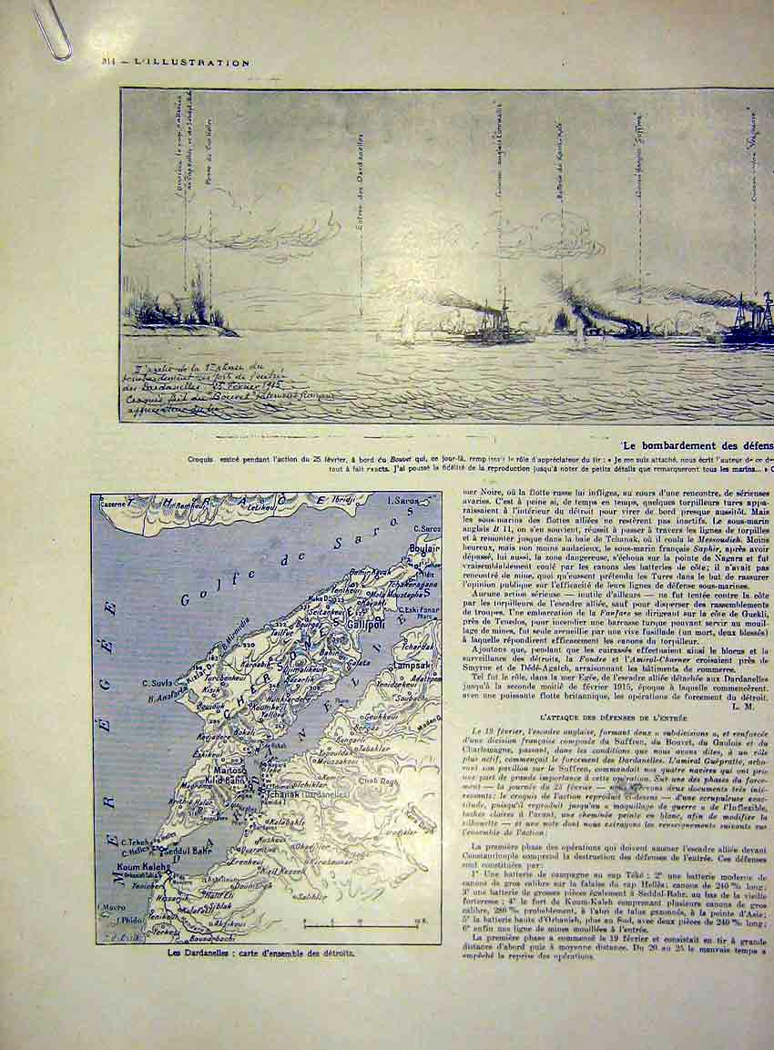 Original Old Antique Print Dardanelles Map Sketch Map Kilid-Bahr French 1915