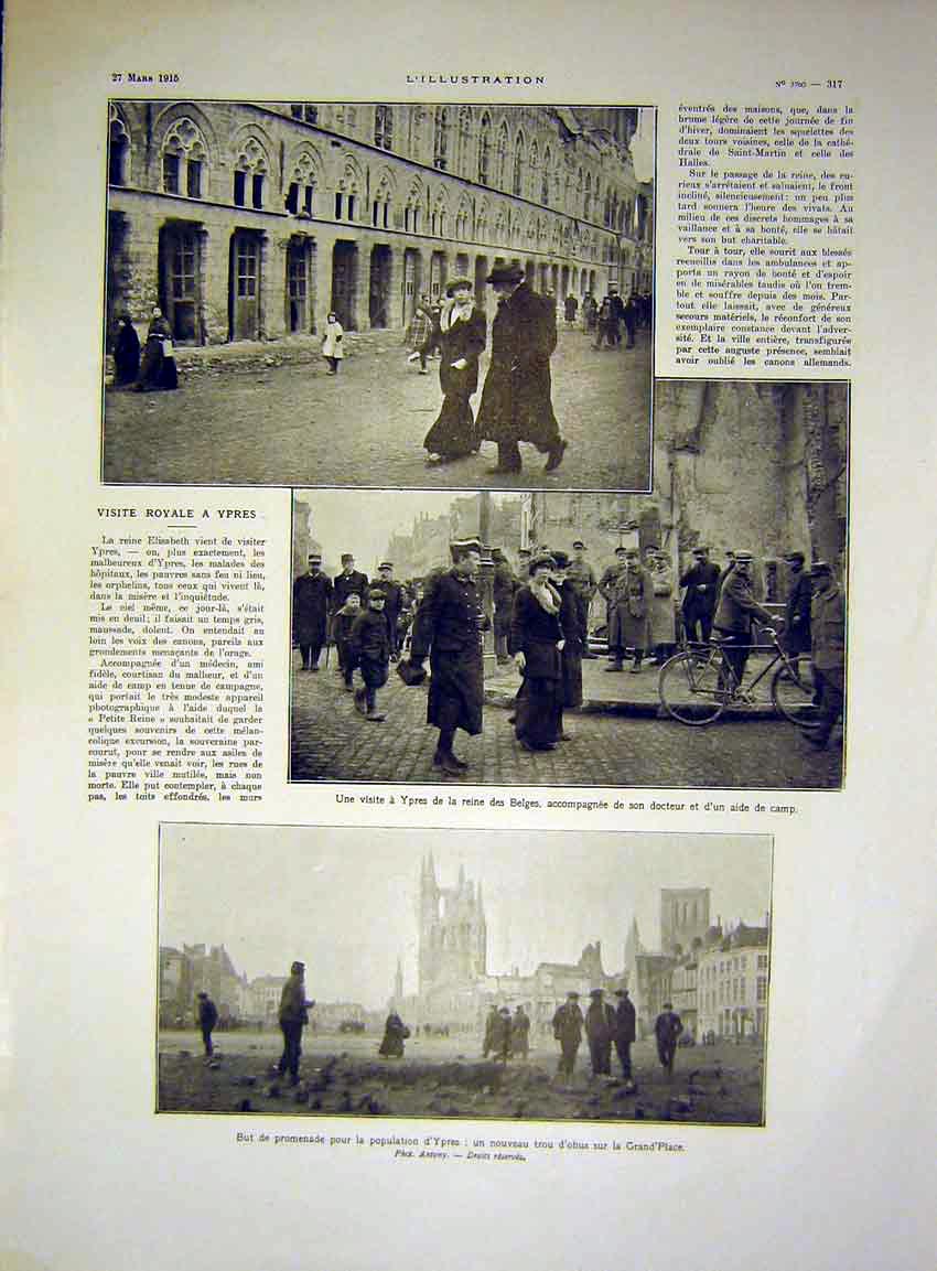 Original Old Antique Print Ypres Royal Visit Belgian French 1915 20th Century