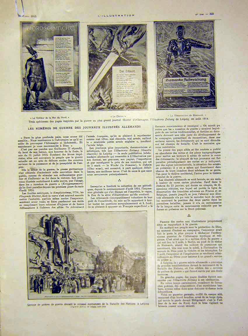 Original Old Antique Print German News Service Leipzig French 1915 20th Century