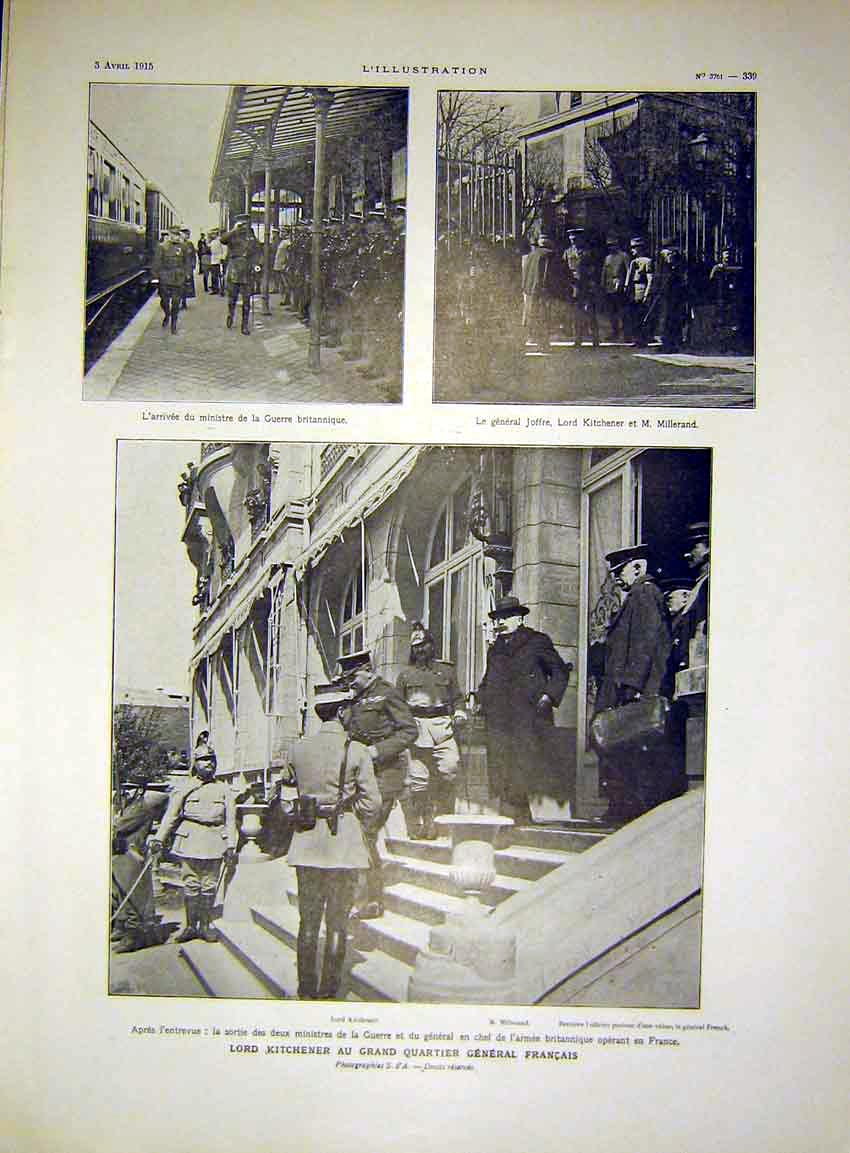 Original Old Antique Print British War Millerand Kitchener French 1915 20th