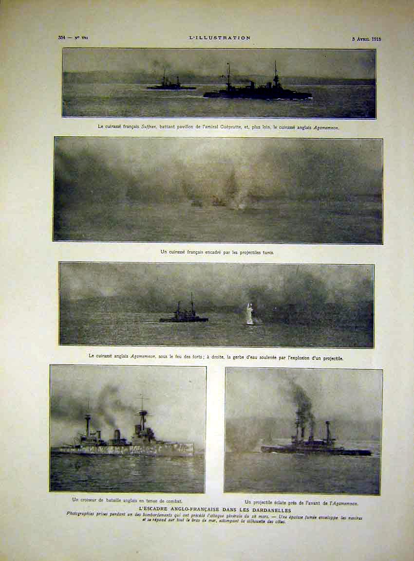 Original Old Antique Print Suffren Battleship Guepratte Dardanelles French 1915