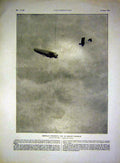 Original Old Antique Print Zeppelin Balloon Bi-Plane Battle French French 1915