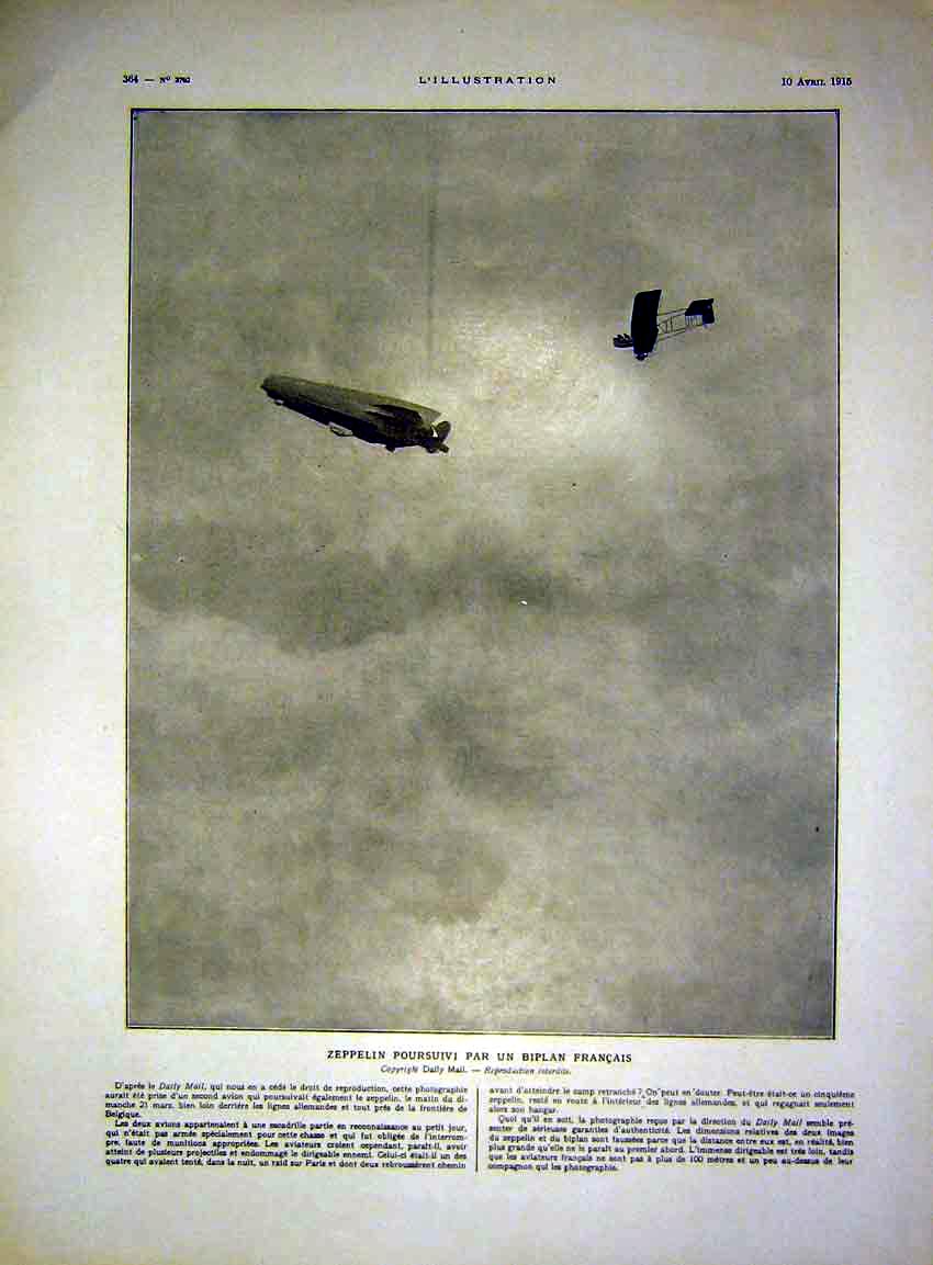 Original Old Antique Print Zeppelin Balloon Bi-Plane Battle French French 1915