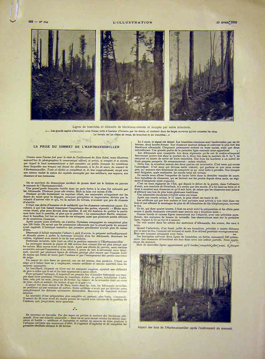Old Antique Print Hartmannswiller Forest Troops Chapel Trench French 1915 20th